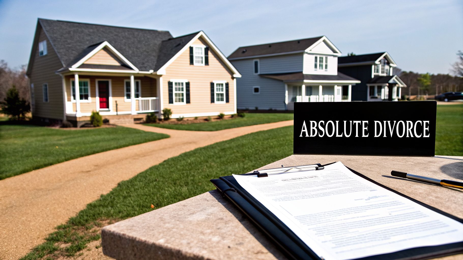 Legal papers on a clipboard with an 'Absolute Divorce' sign in front of suburban houses.