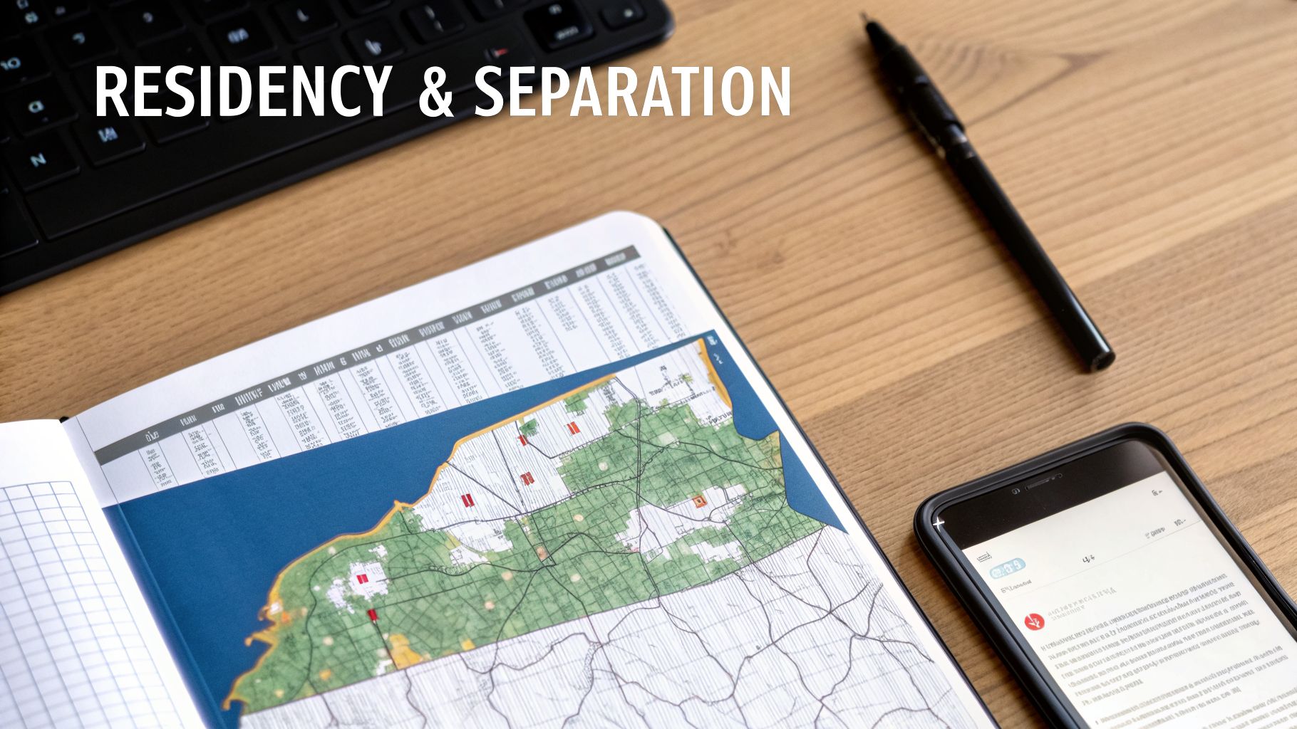 Open notebook with a map and data on a desk, next to a pen and smartphone, labeled 'RESIDENCY & SEPARATION'.