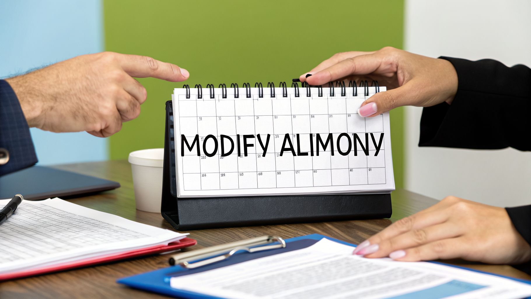 Two people at a desk discussing a calendar showing "Modify Alimony," with documents nearby.