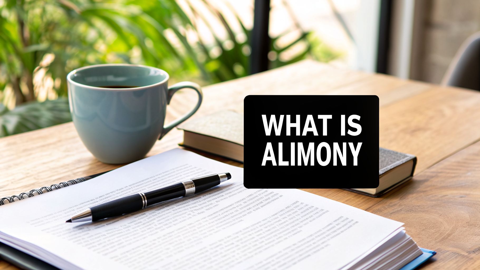 A desk setting with a coffee cup, documents, a pen, and a sign asking "WHAT IS ALIMONY".