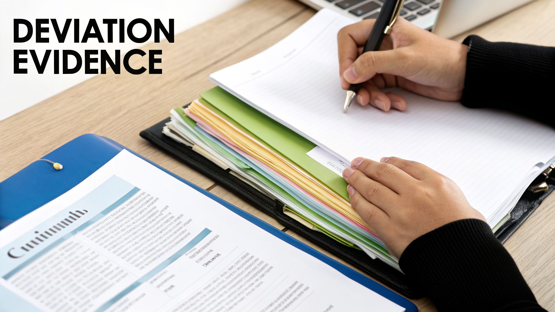 Hands writing in a notebook, managing colorful files and a blue binder on a desk, representing evidence.