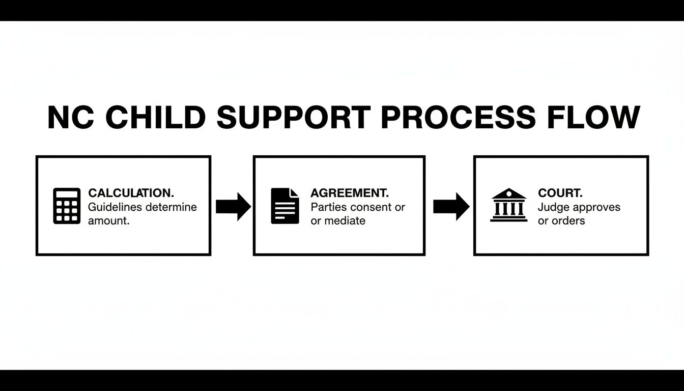 North Carolina child support process flowchart showing steps: calculation, agreement, and court approval.