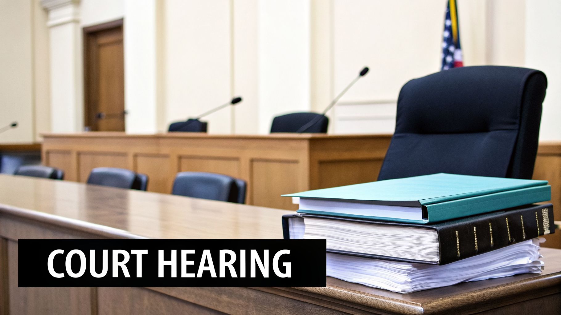 A courtroom setting with legal documents, microphones, and an American flag, symbolizing a court hearing.