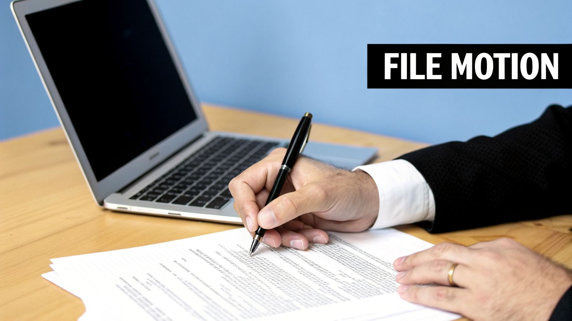 A person in a suit writes on legal documents with a pen at a desk, laptop nearby, with text 'FILE MOTION'.