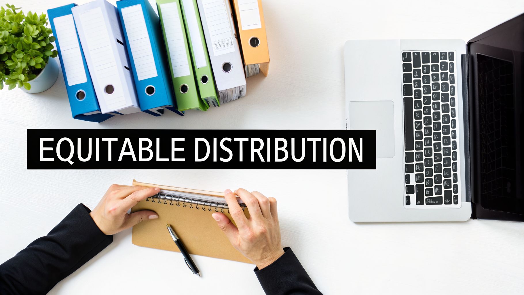Overhead view of a person at a desk with binders, laptop, and notebook, text 'Equitable Distribution'.