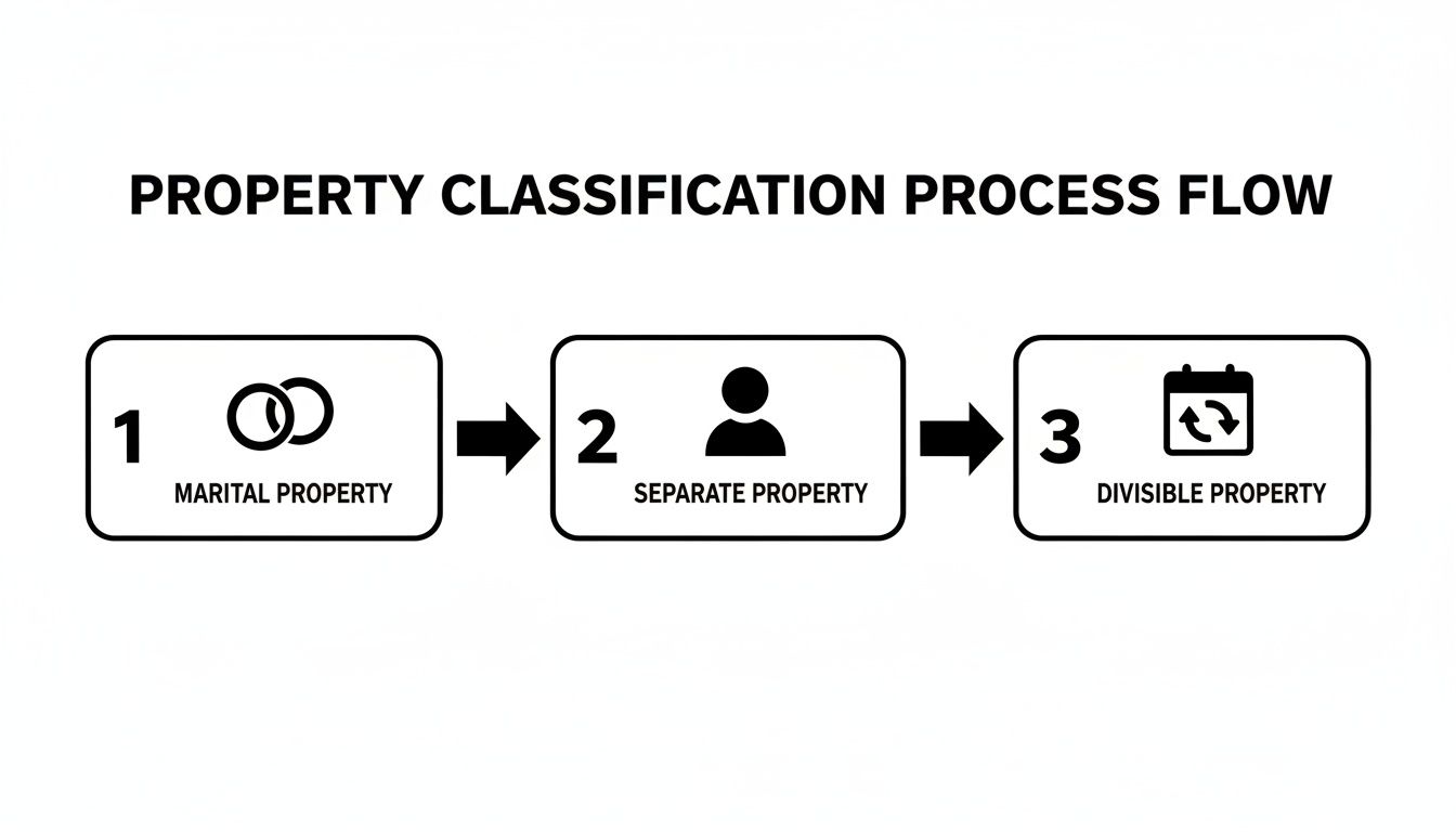 Flowchart illustrating the property classification process: marital property, separate property, and divisible property.
