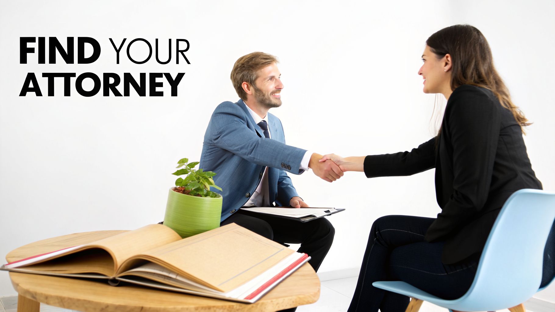 A man in a suit and a woman shake hands across a table, with 'FIND YOUR ATTORNEY' text.