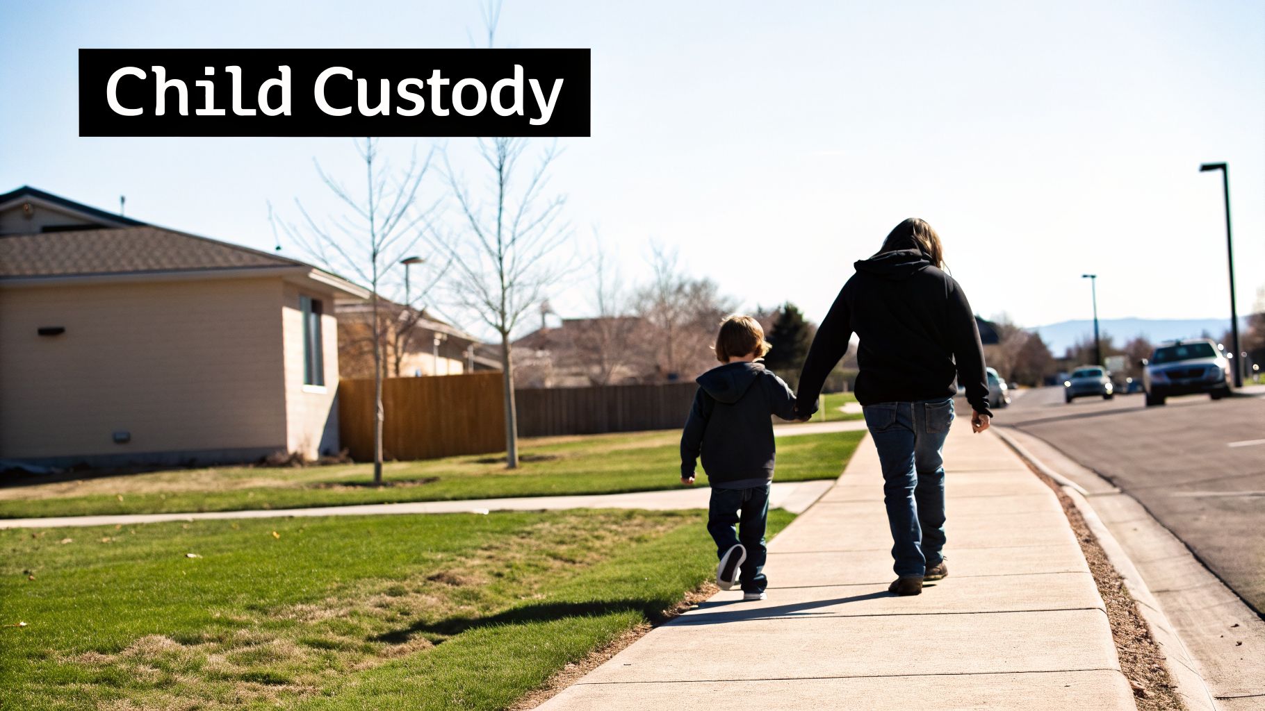 Adult and child walking hand-in-hand on a sidewalk, with 'Child Custody' text overlay.