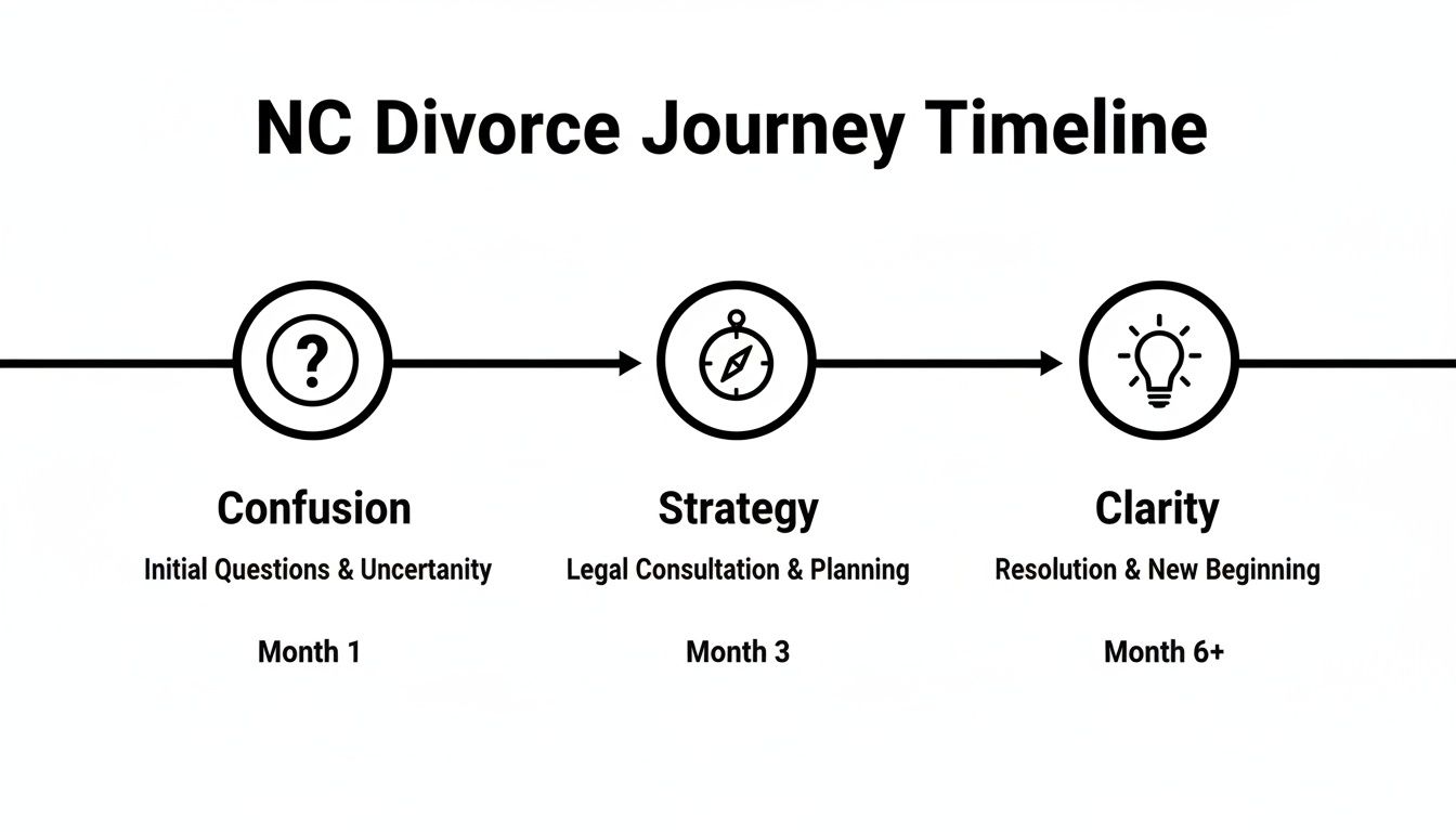 Timeline illustrating the NC divorce journey stages: Confusion (Month 1), Strategy (Month 3), and Clarity (Month 6+).