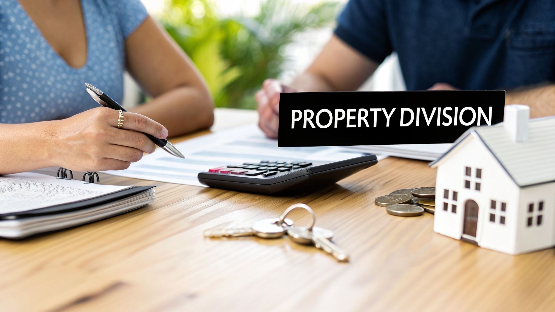 A couple discusses property division with a calculator, house model, keys, and coins on a wooden table.