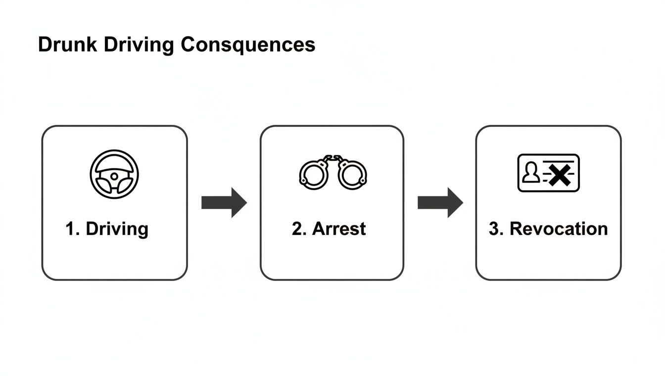 Flowchart illustrating the consequences of drunk driving, showing steps from driving to arrest and license revocation.