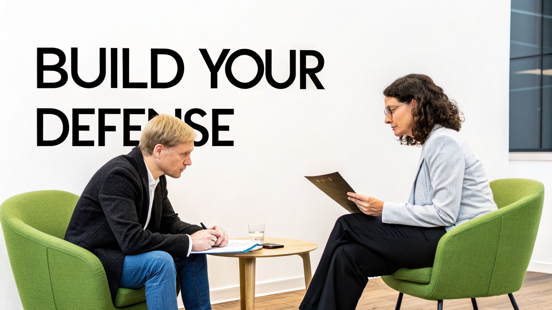 A man and a woman in a serious legal consultation, with 'BUILD YOUR DEFENSE' text.