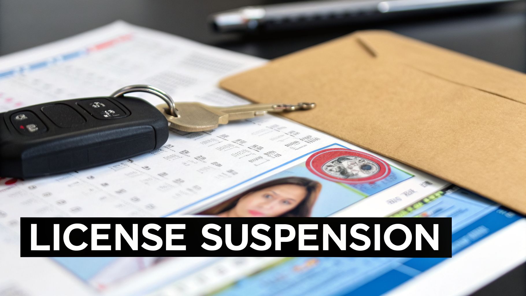 Car keys and a driver's license on documents, with 'LICENSE SUSPENSION' text overlay.