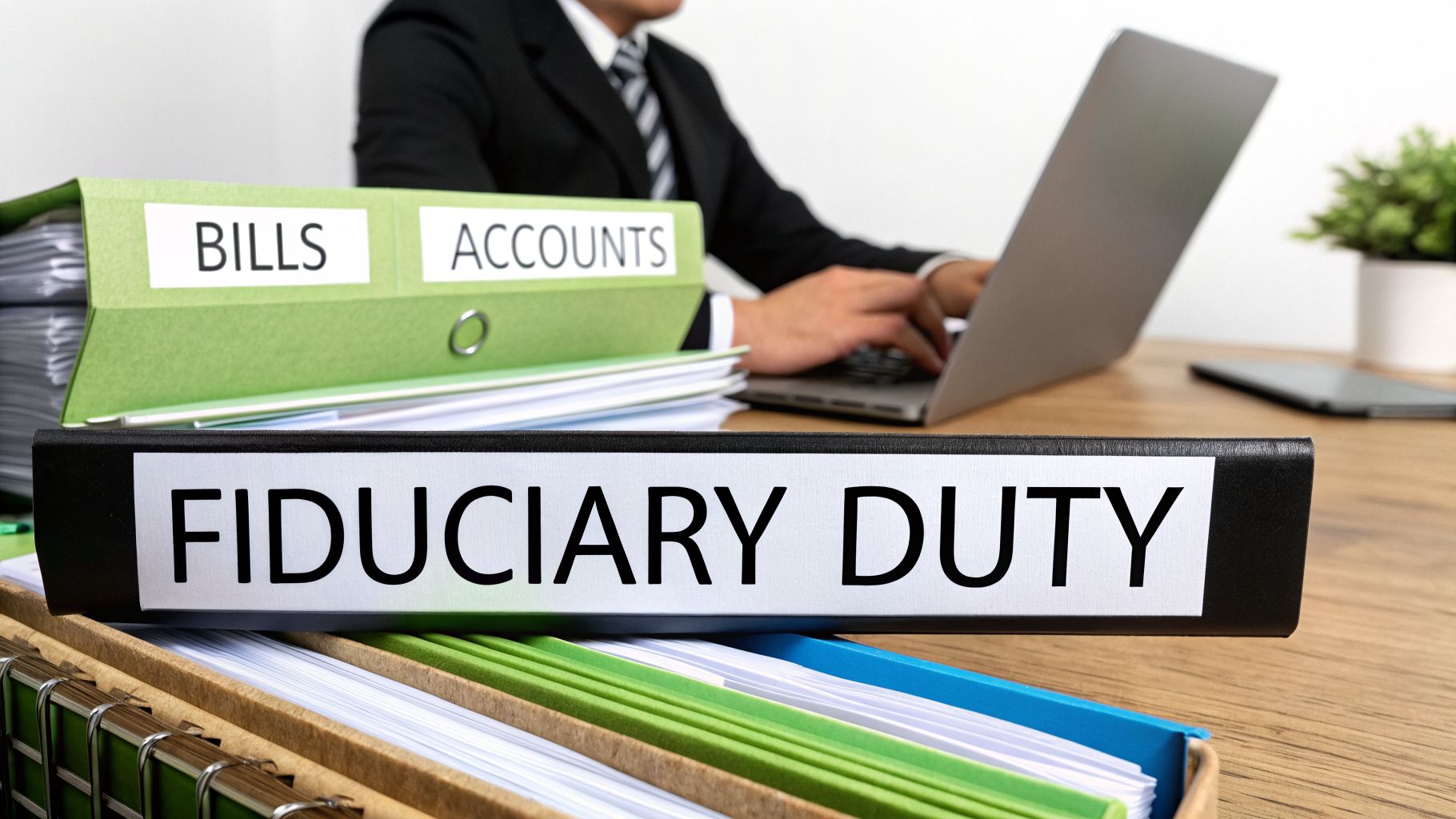 A person works at a desk with binders labeled 'Fiduciary Duty', 'Bills', and 'Accounts' emphasizing financial responsibility.