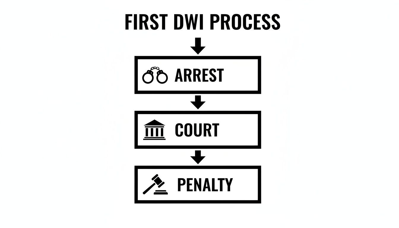 Flowchart illustrating the first DWI process, detailing the steps from arrest to court and penalty.