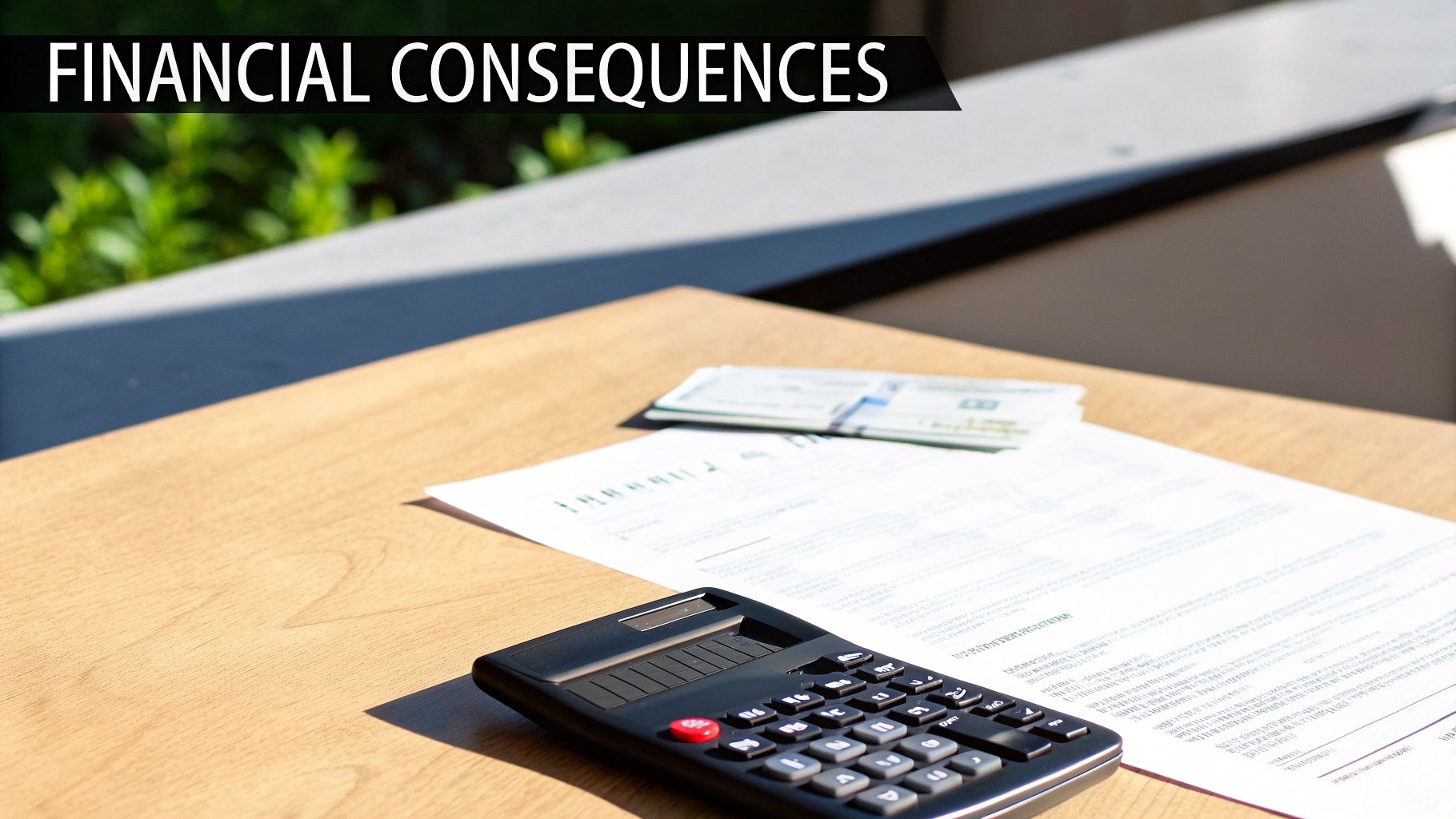 A calculator, financial documents, and money on a table under a 'FINANCIAL CONSEQUENCES' banner.