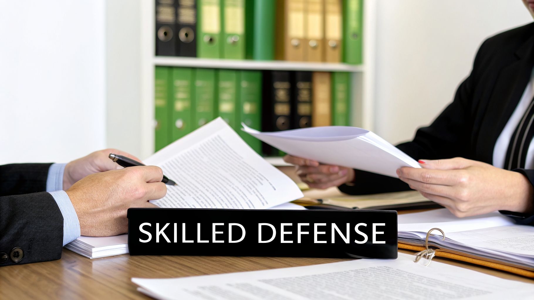 Two legal professionals at a desk reviewing documents, with a 'SKILLED DEFENSE' sign.