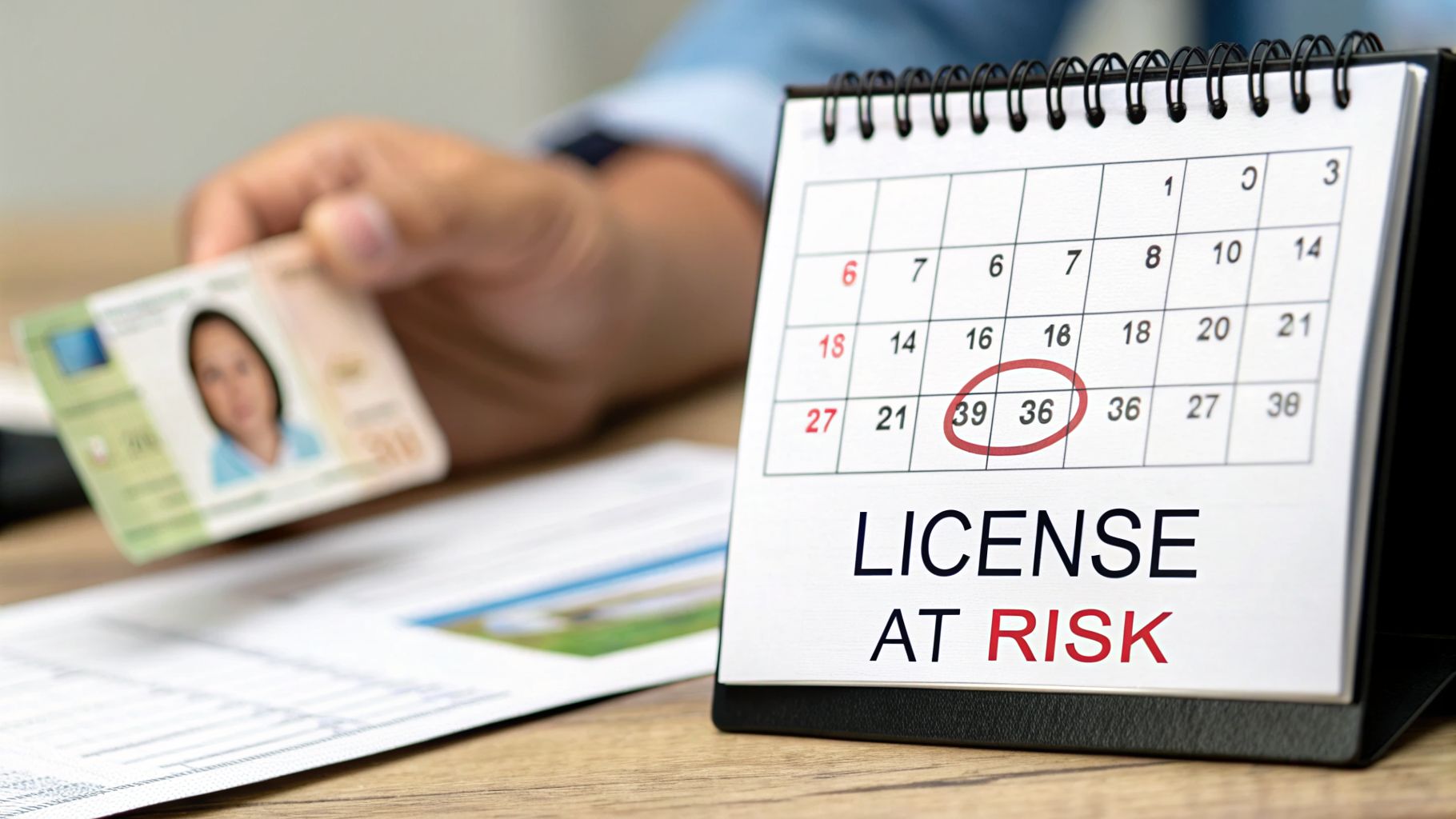 A hand holds a blurred ID card next to a calendar warning 'LICENSE AT RISK'.