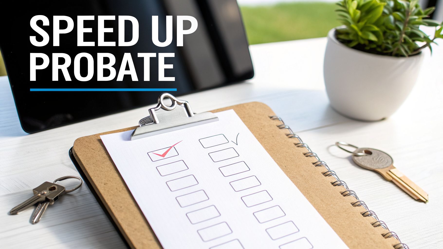 A clipboard with a checklist and keys on a table, with 'SPEED UP PROBATE' displayed on a tablet screen.