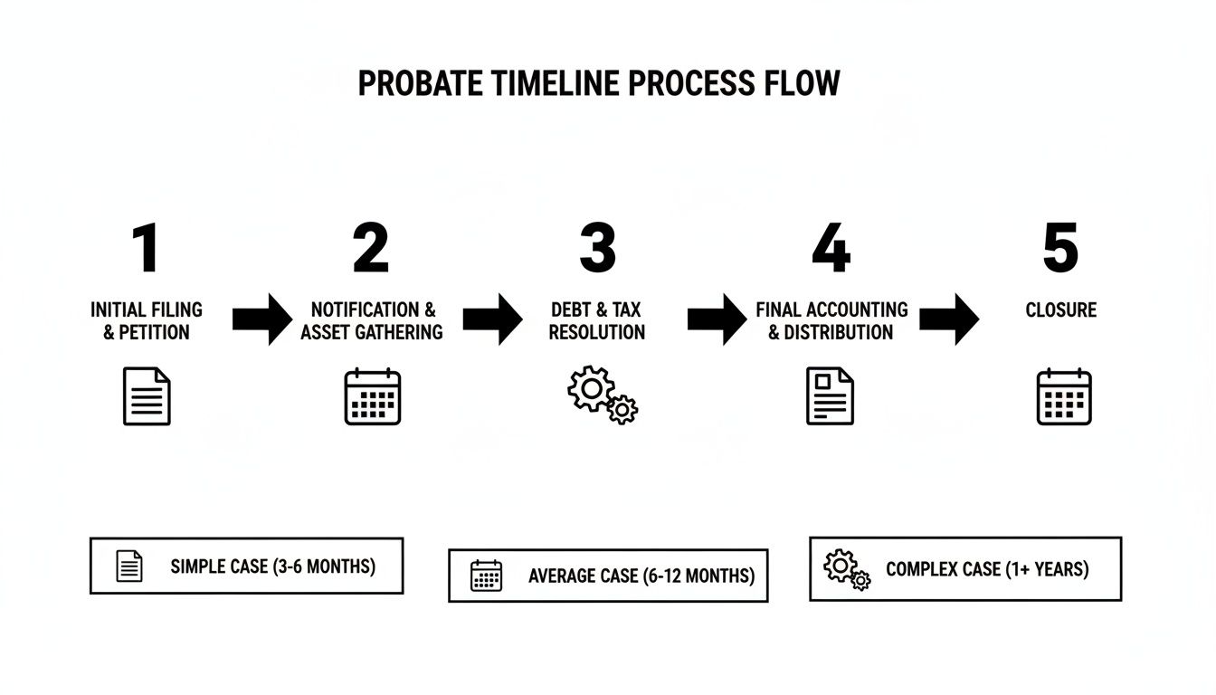 Probate timeline process flow illustrating 5 steps and estimated durations for simple, average, and complex cases.