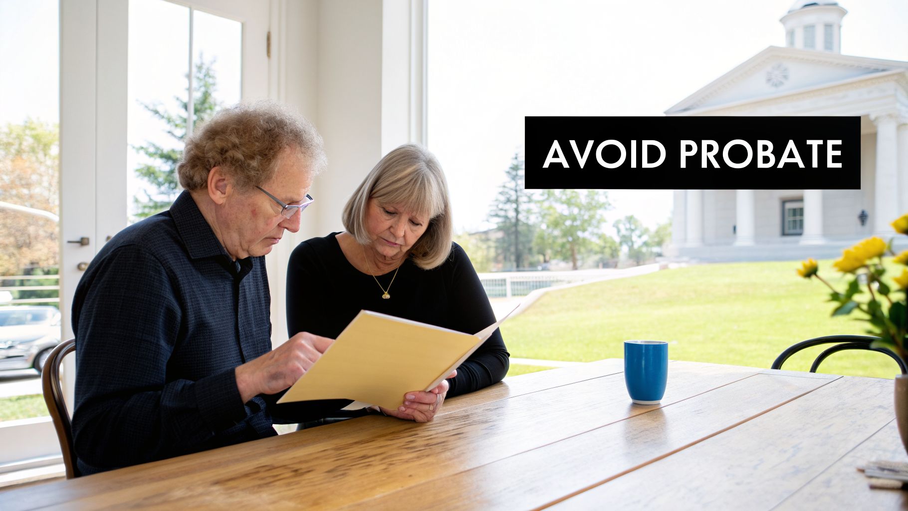 Elderly couple reviews documents about estate planning, with a courthouse visible in the background.