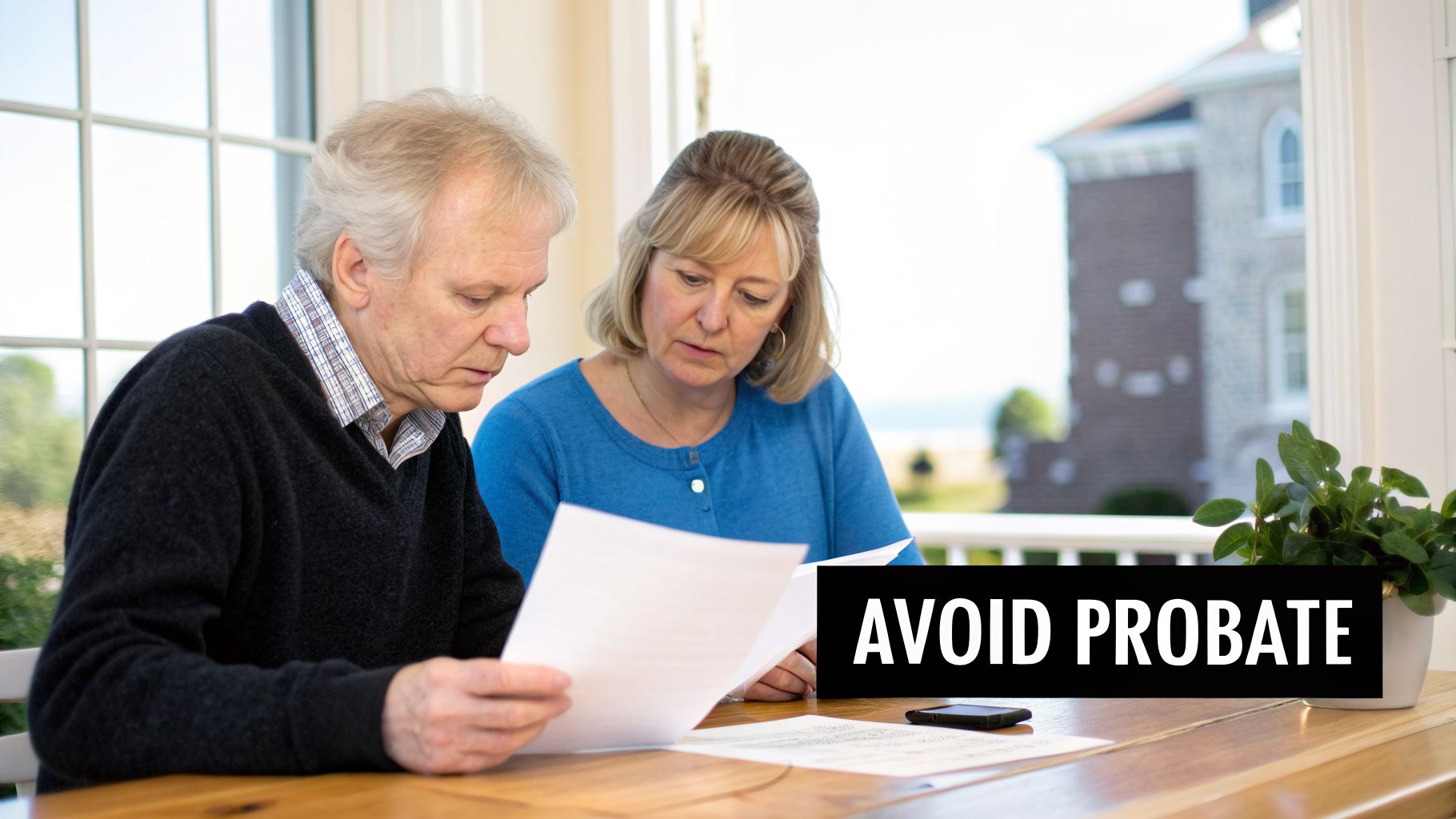 An older couple intently reviews legal documents at a table with “AVOID PROBATE” text.
