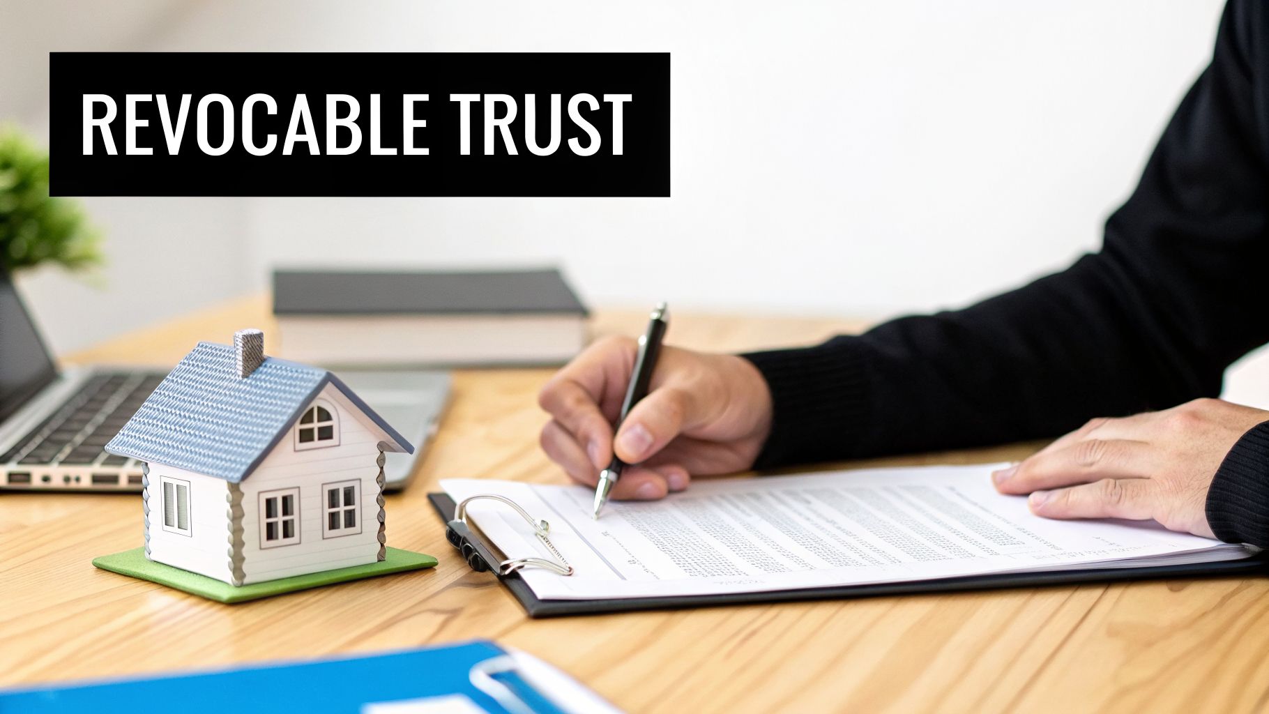 A person signs a 'Revocable Trust' document on a wooden desk with a small house model and laptop.