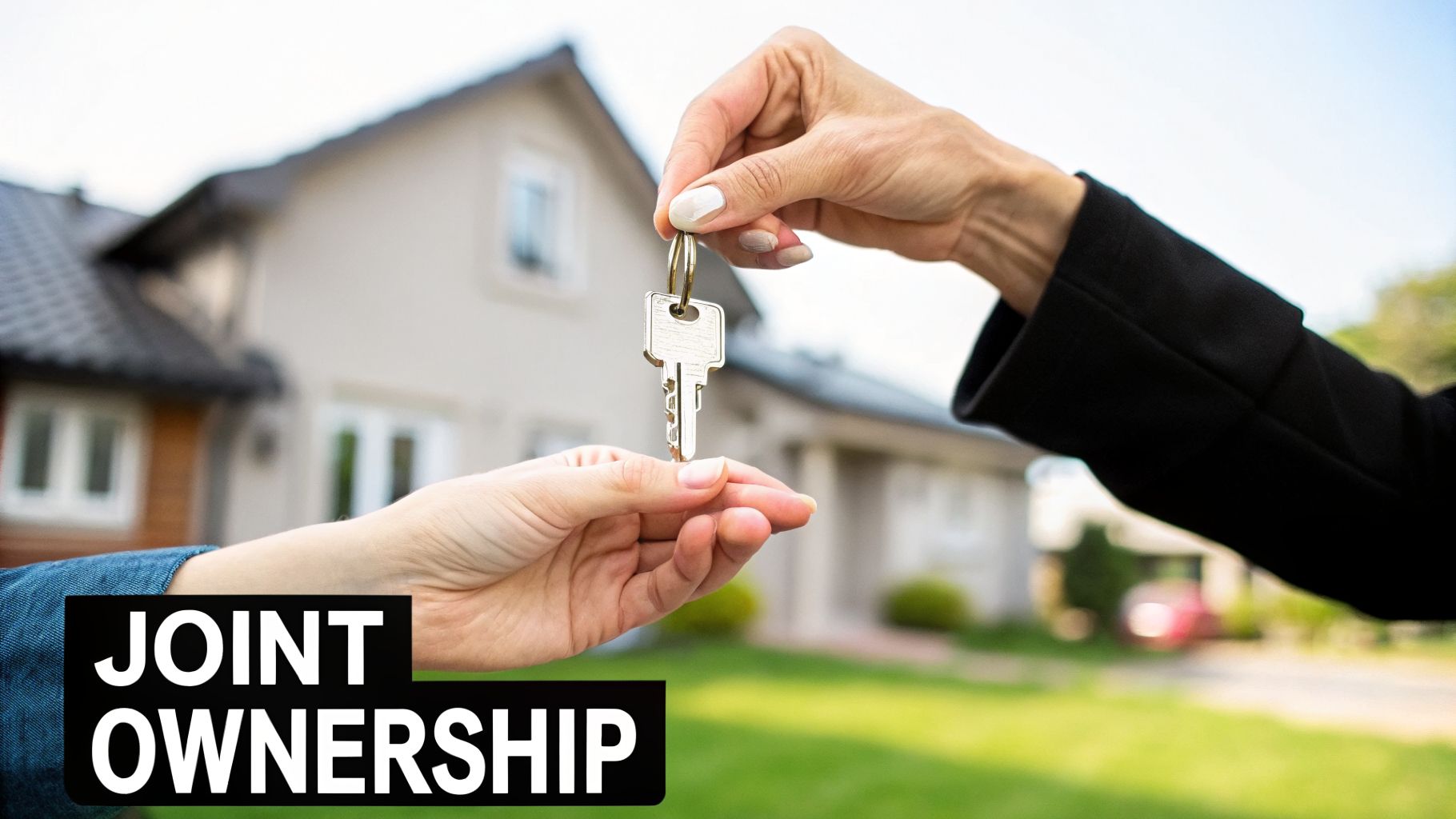 Two hands exchanging a house key with 'JOINT OWNERSHIP' text, symbolizing property transfer.