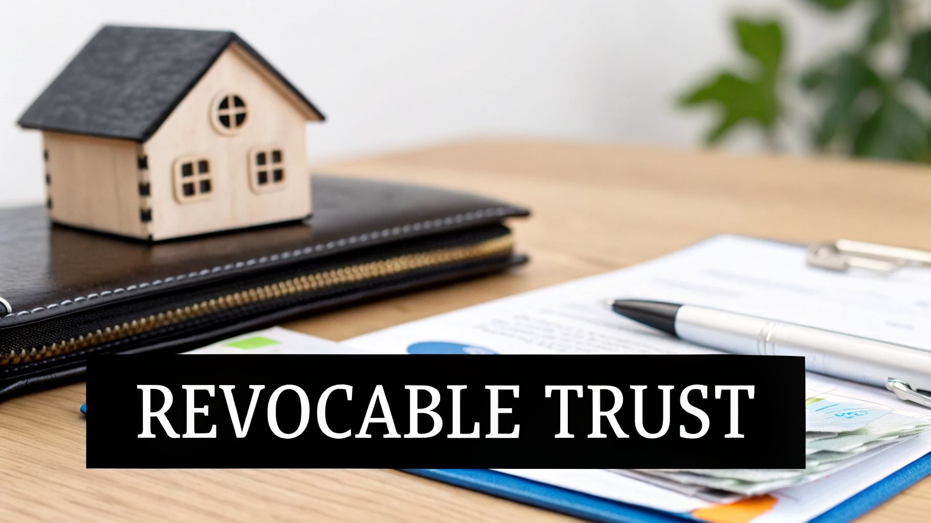 A small wooden house model, financial documents, and a pen on a desk with 'REVOCABLE TRUST' text.