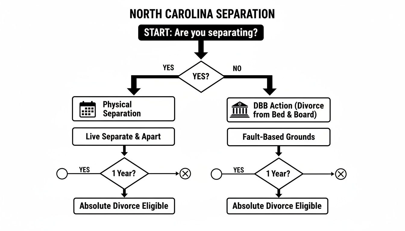 Flowchart outlining the steps and requirements for separation and divorce in North Carolina.