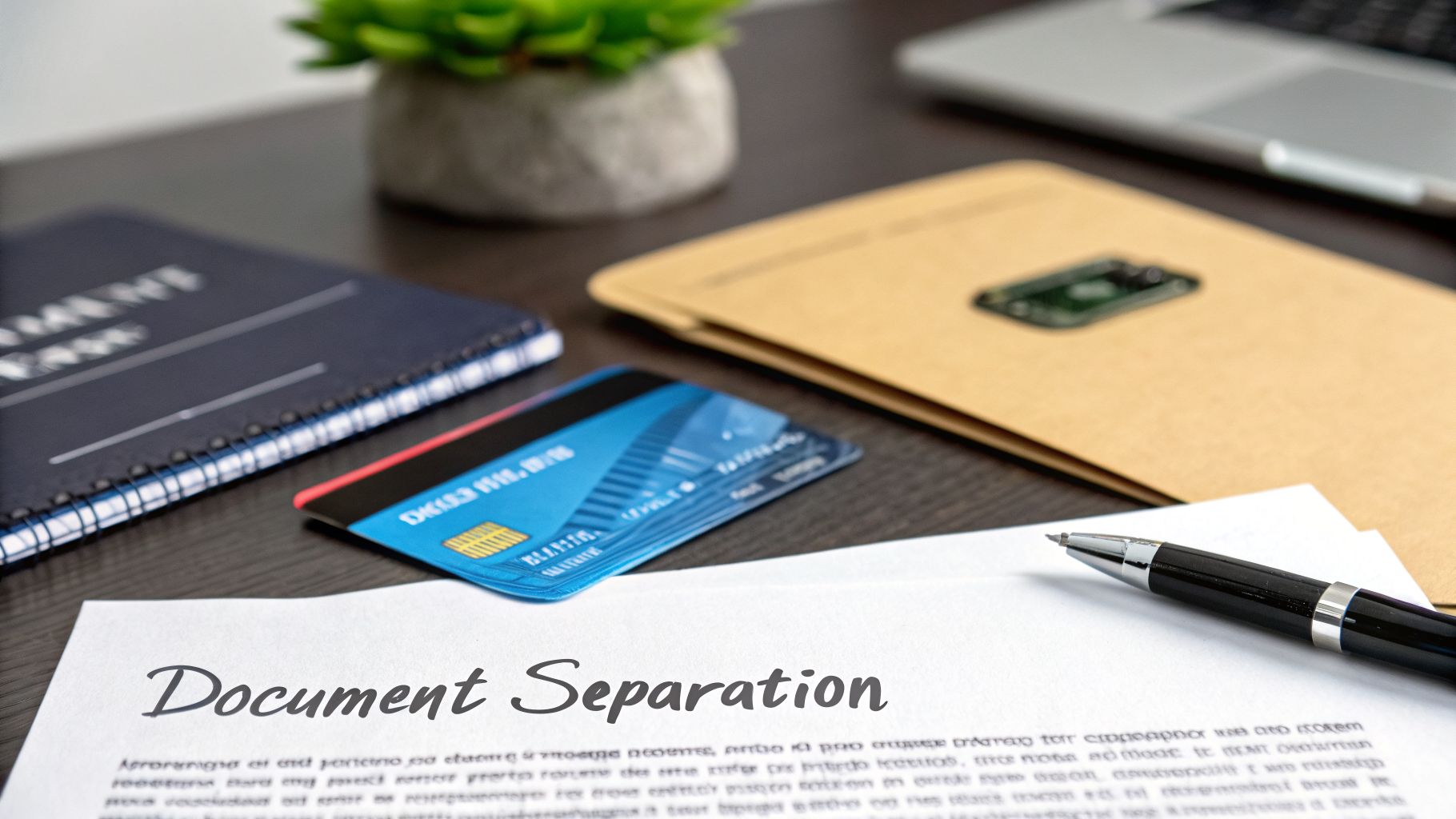 A document titled 'Document Separation' on a desk with a pen, credit card, notebook, and envelope.