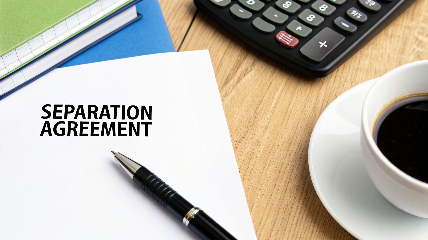 A separation agreement document with a pen, calculator, coffee cup, and notebooks on a wooden desk.