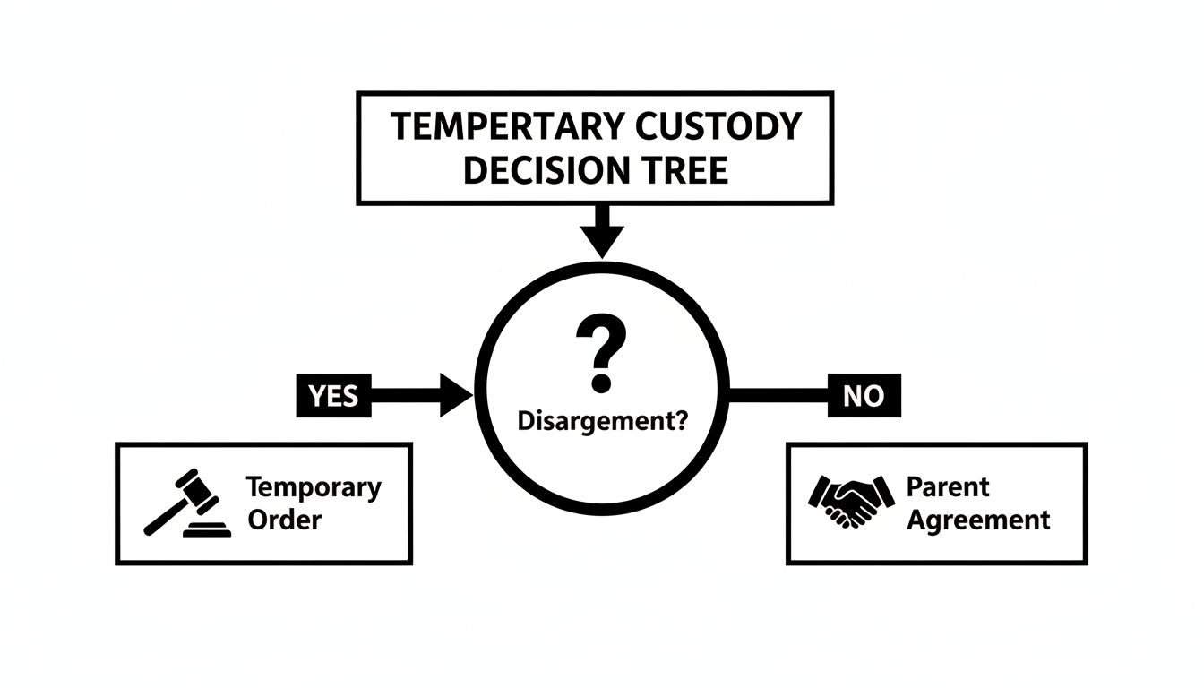 Flowchart illustrating temporary custody decisions, leading to temporary order if disagreed, or parent agreement if not.