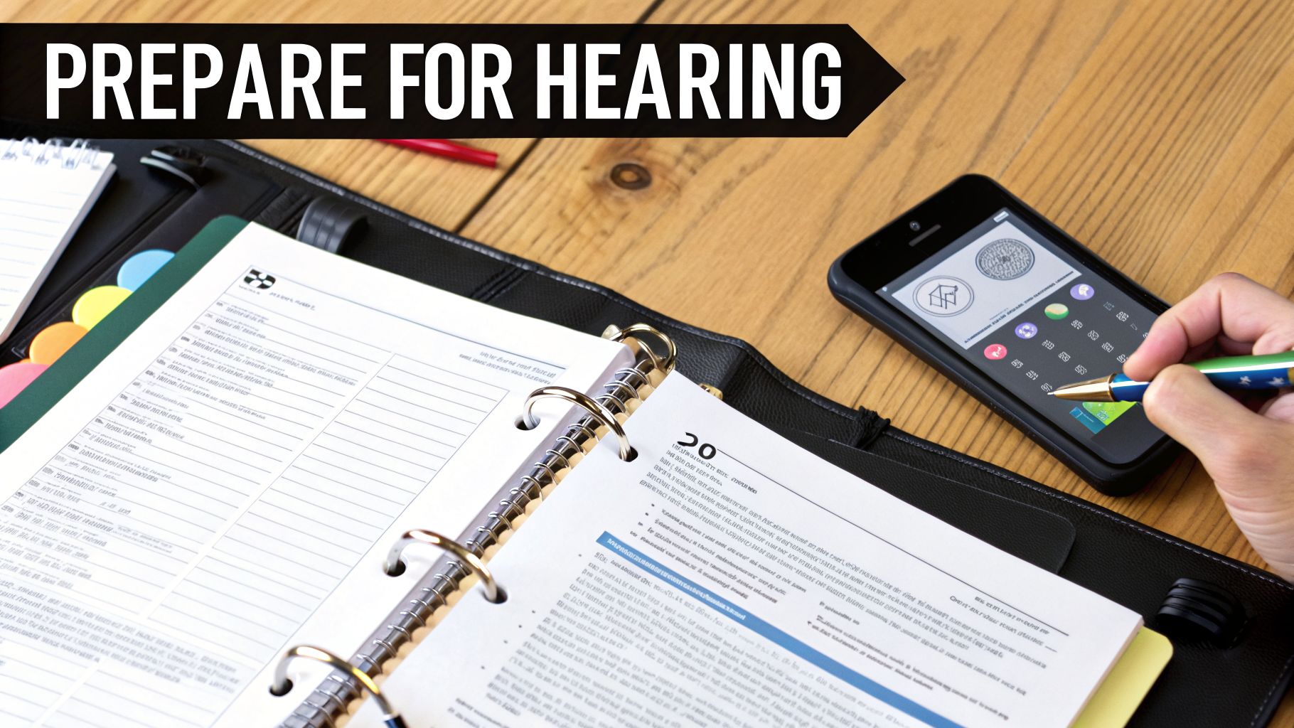 A person preparing for a hearing with an open planner, smartphone, and pen on a wooden desk.