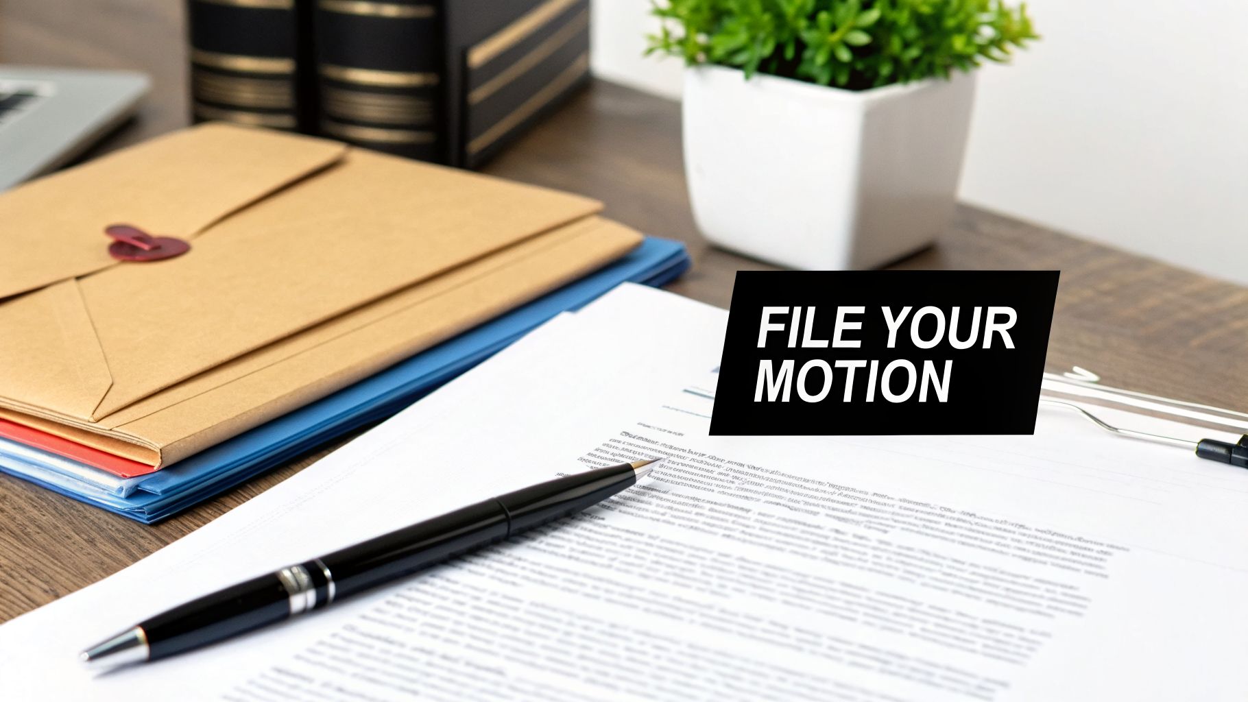 A desk with legal documents, folders, a pen, and a sign saying 'FILE YOUR MOTION'.