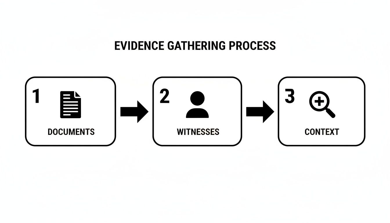 Flowchart illustrating the evidence gathering process, showing steps for documents, witnesses, and context.