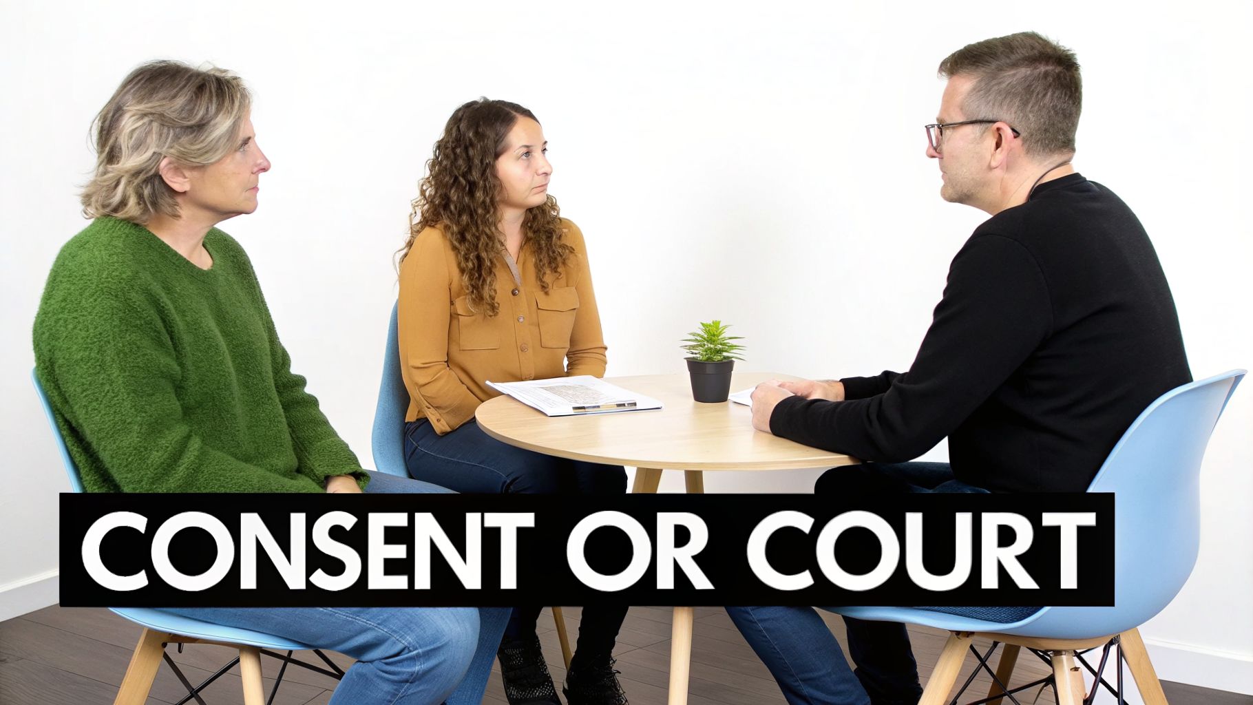 Three people, two women and one man, sit at a table for a discussion labeled 'CONSENT OR COURT'.