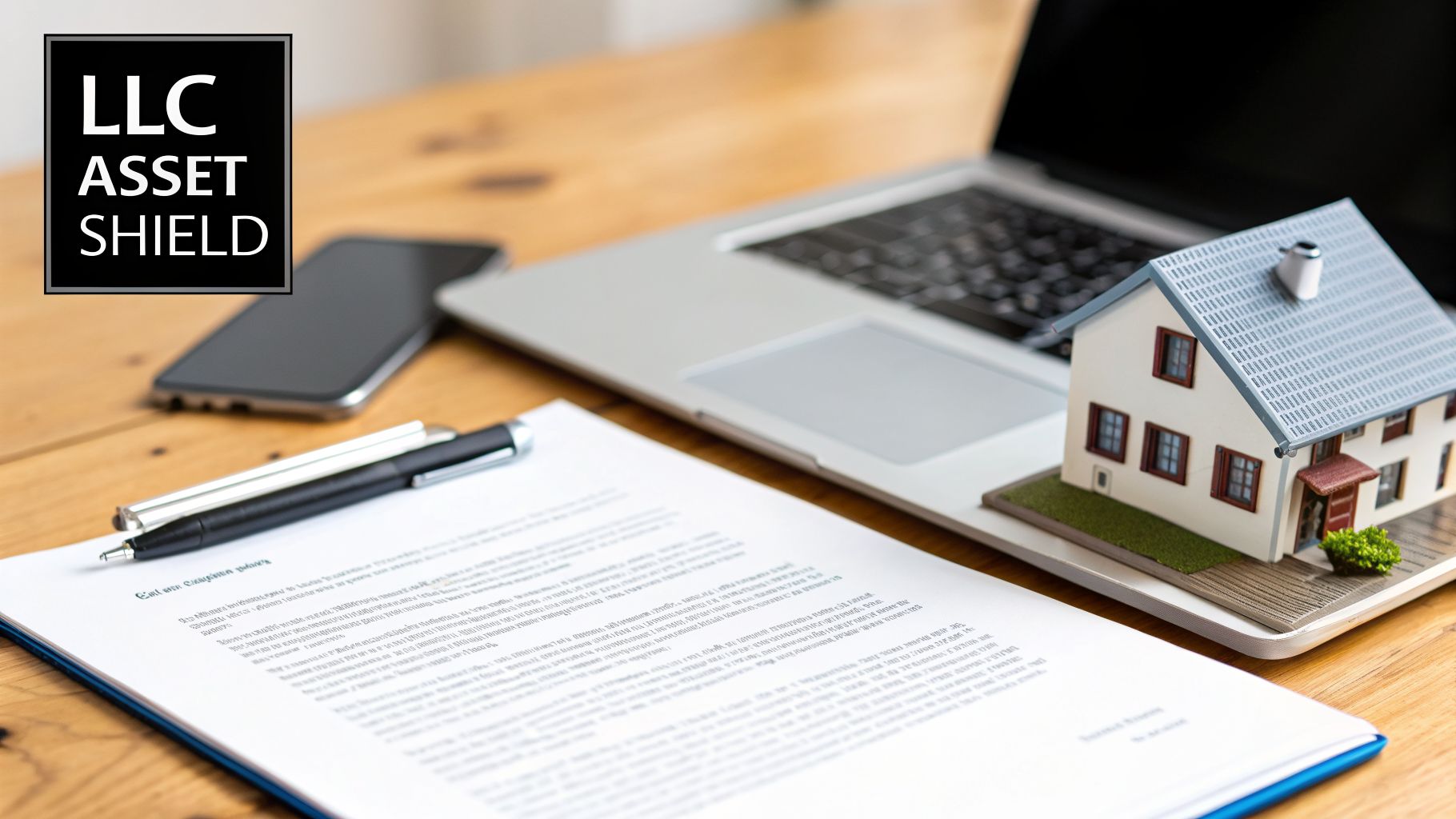 LLC Asset Shield sign, document, pen, laptop, smartphone, and miniature house on a wooden desk.