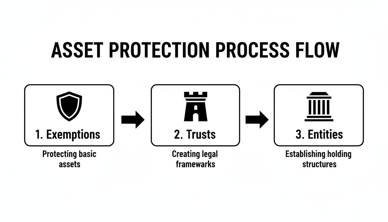 A flow chart illustrating the asset protection process with three steps: Exemptions, Trusts, and Entities.