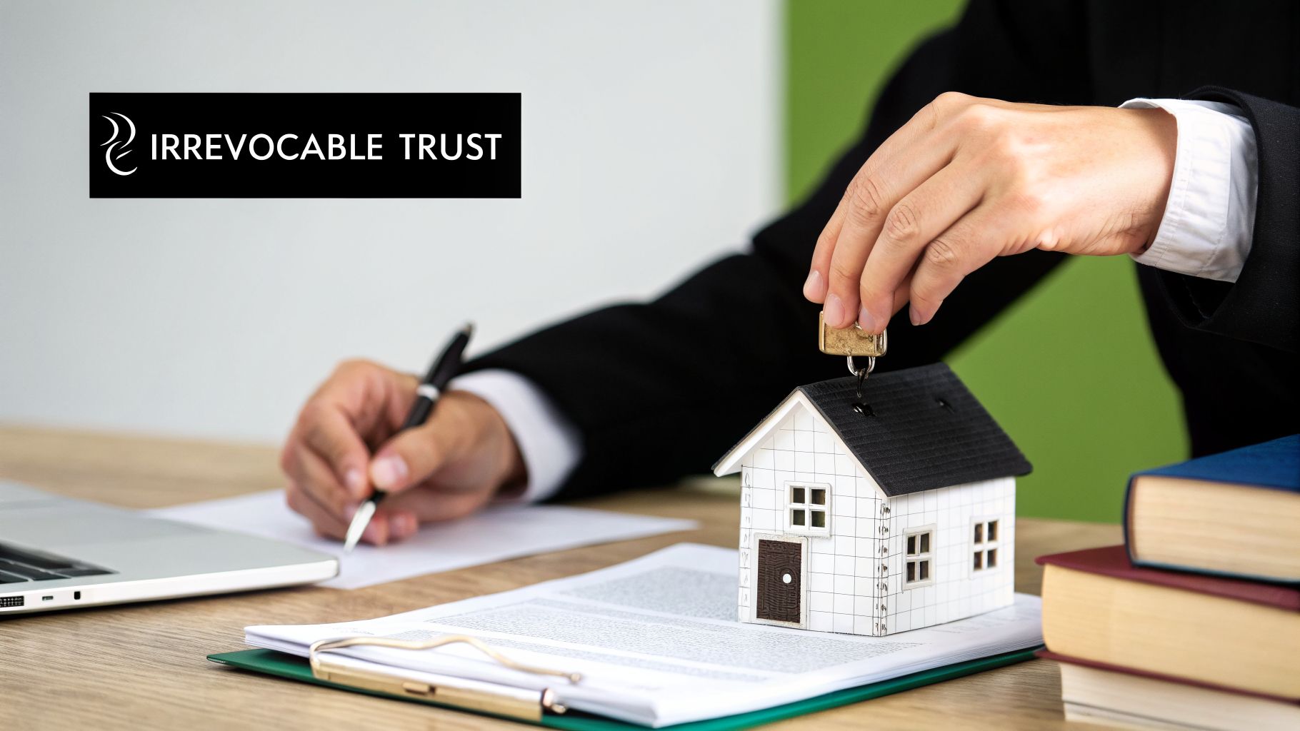 A professional signs documents, placing a padlock on a model house, symbolizing an irrevocable trust for asset protection.