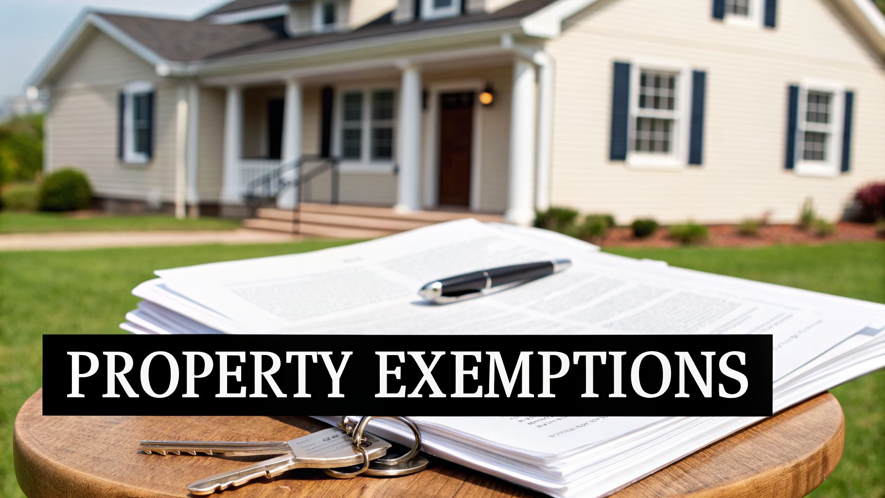 A house, legal documents with a pen, and keys on a table, featuring 'PROPERTY EXEMPTIONS' text.