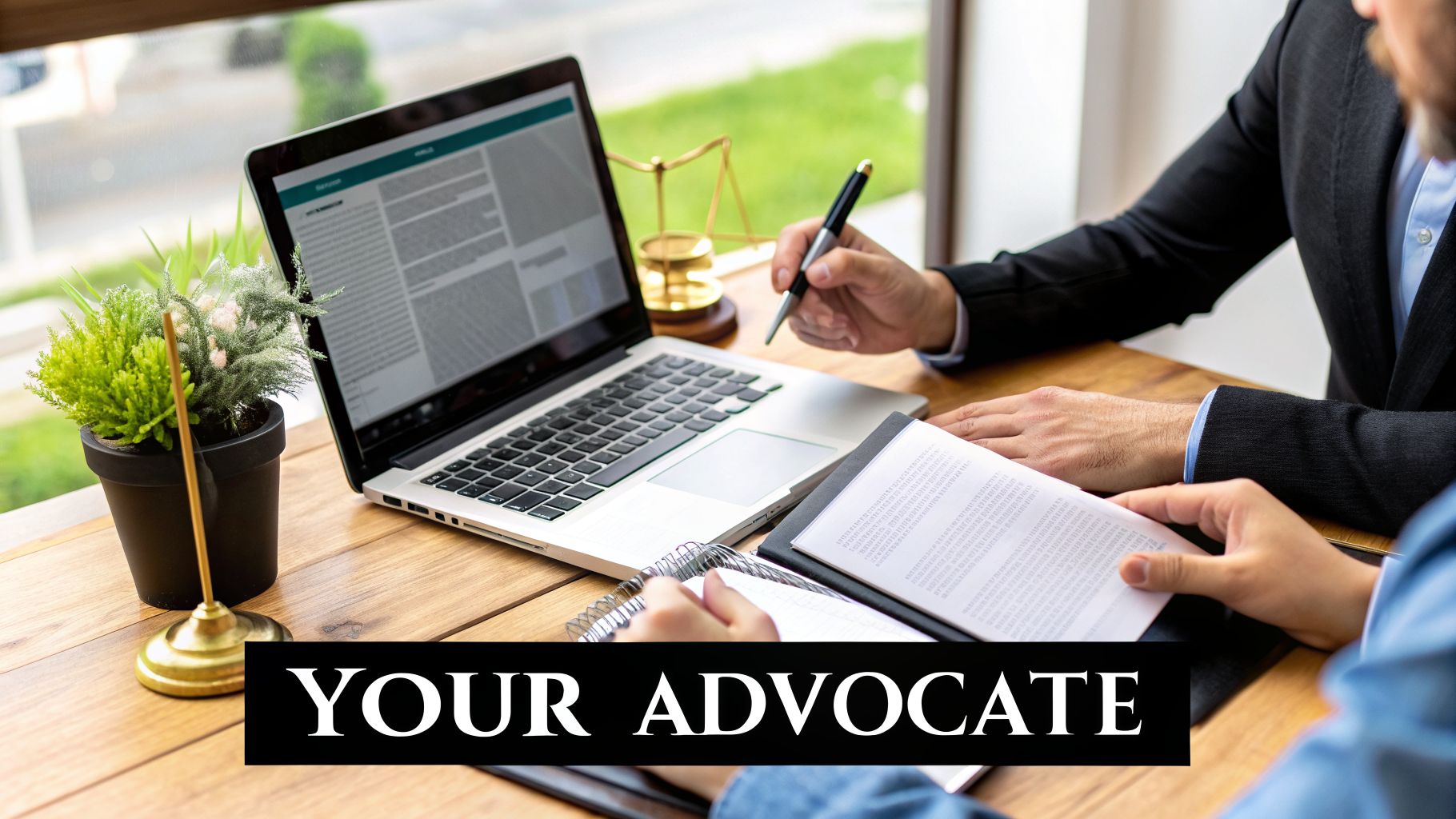Two legal professionals reviewing documents and using a laptop, with a scale of justice nearby.