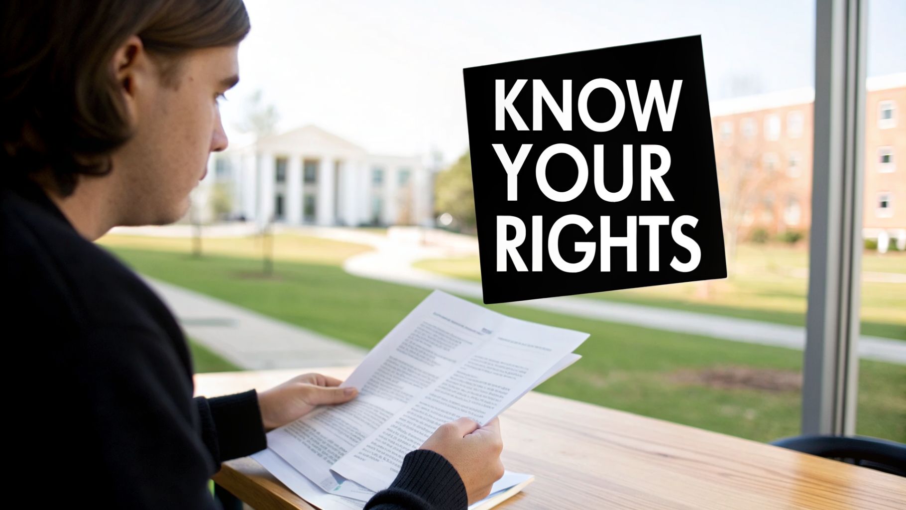A person reads legal documents with a 'KNOW YOUR RIGHTS' sign and university campus in the background.