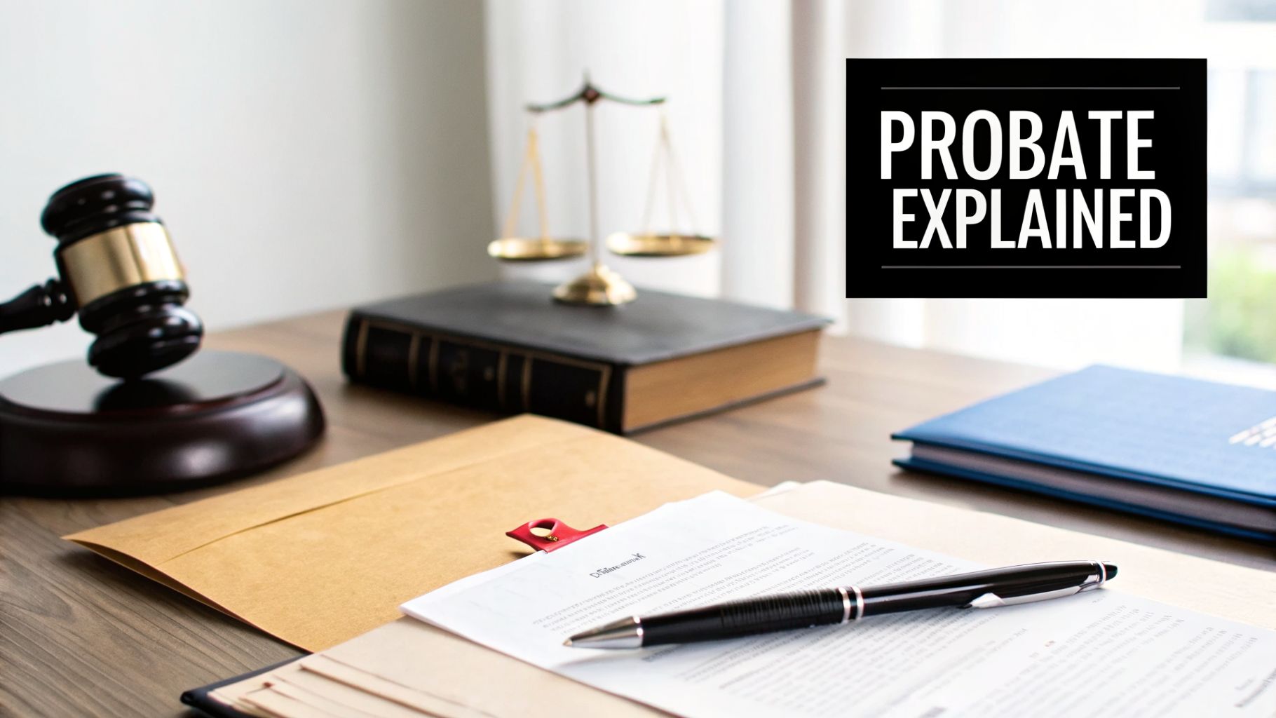 Legal desk scene with a gavel, scales of justice, books, documents, and a pen, with text 'PROBATE EXPLAINED'.