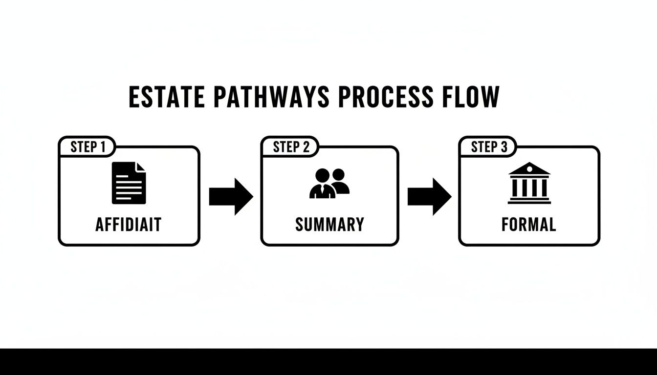 A three-step estate pathways process flow diagram showing affidavit, summary, and formal stages.