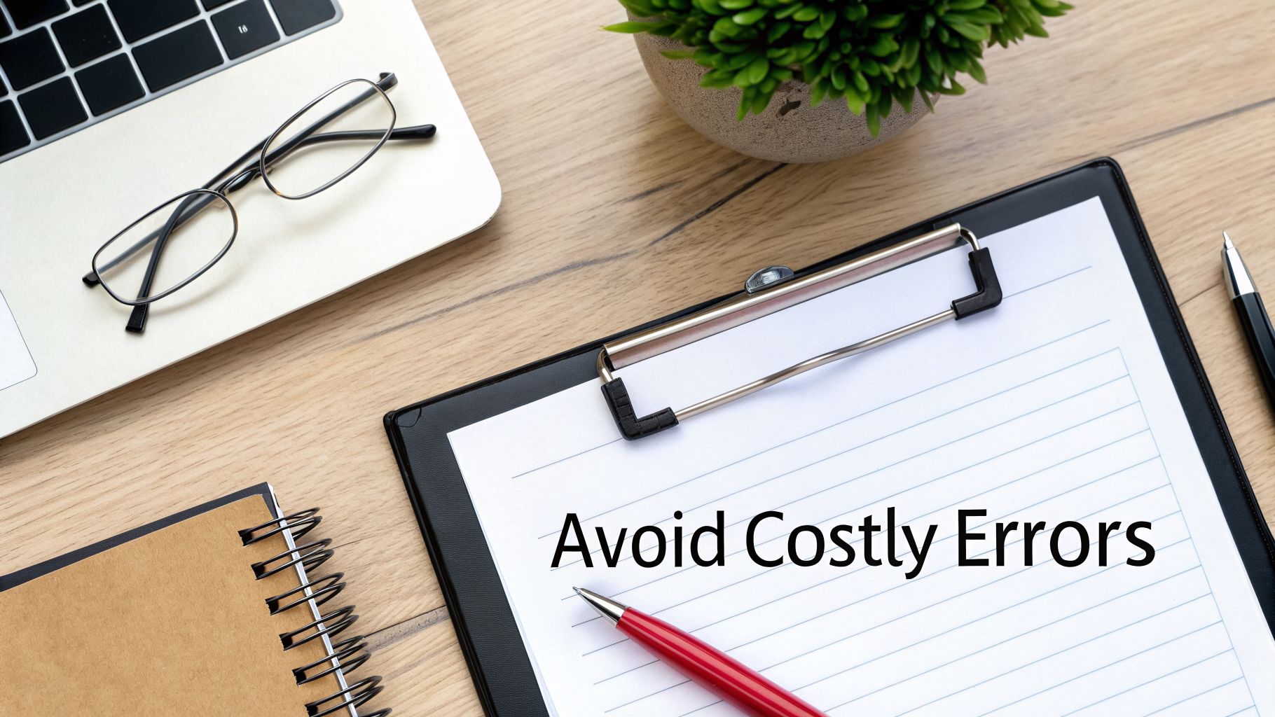 Overhead view of a desk with a laptop, glasses, plant, and clipboard reading 'Avoid Costly Errors'.