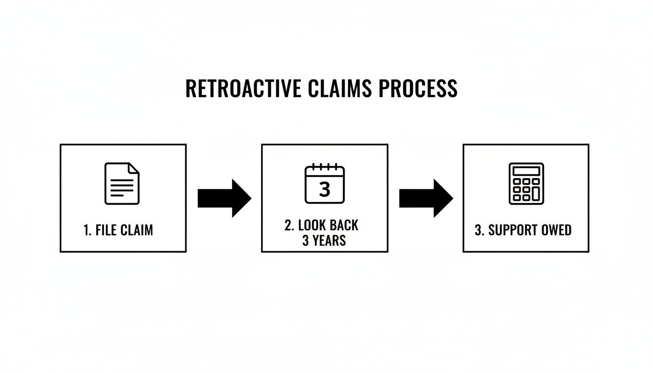 Flowchart illustrating the retroactive claims process with steps: file claim, look back 3 years, and calculate support owed.
