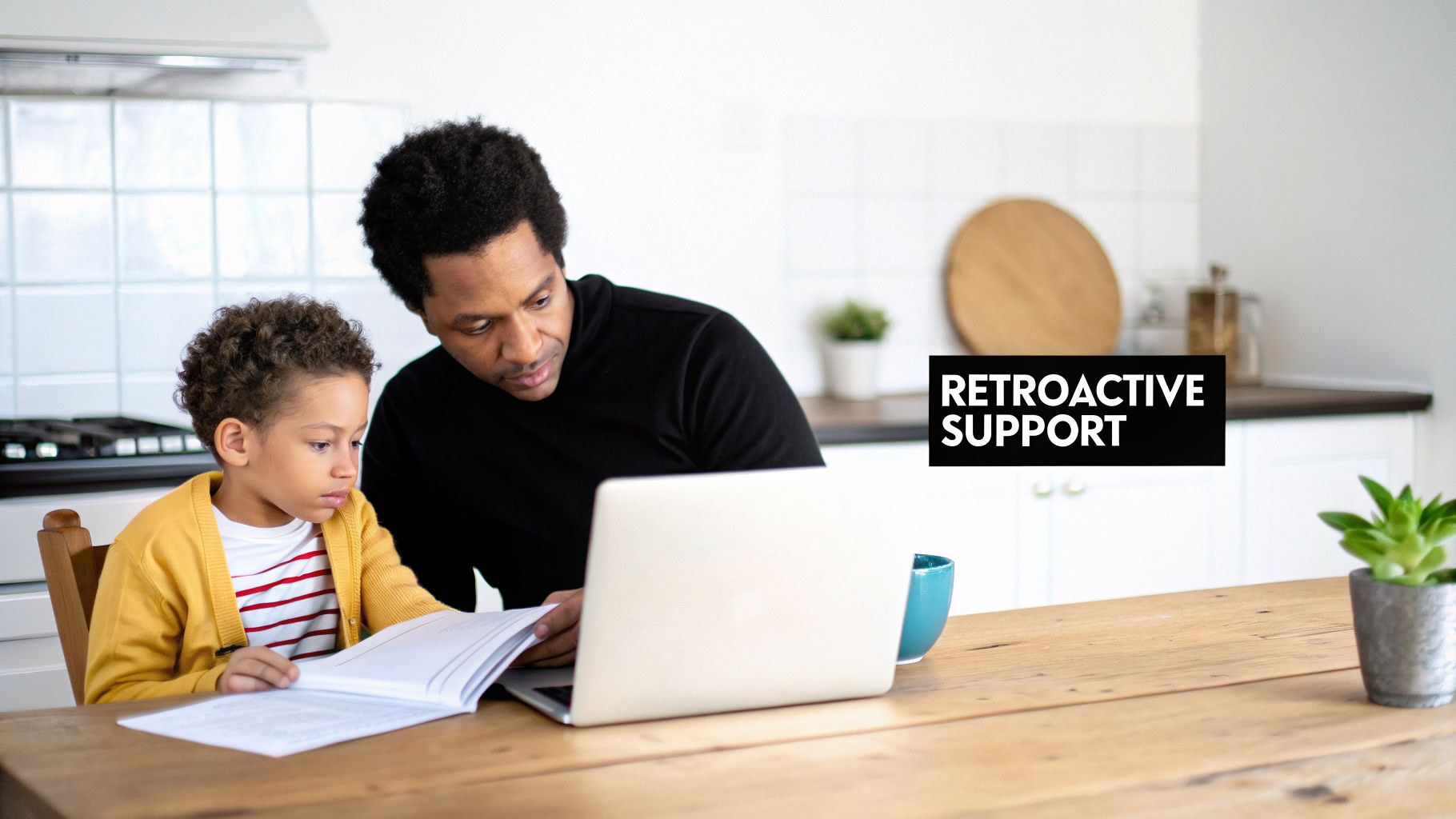 African American father and son sit at a wooden table, looking at a laptop and book.