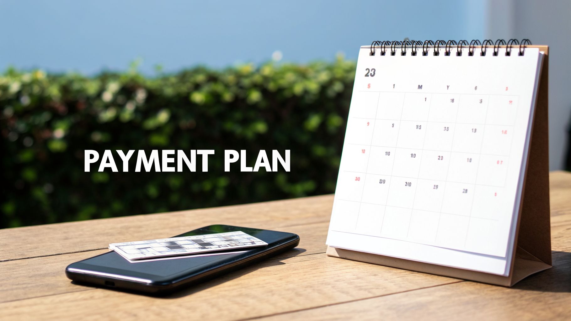 A desk calendar and smartphone on a wooden table, with 'PAYMENT PLAN' text overlay.
