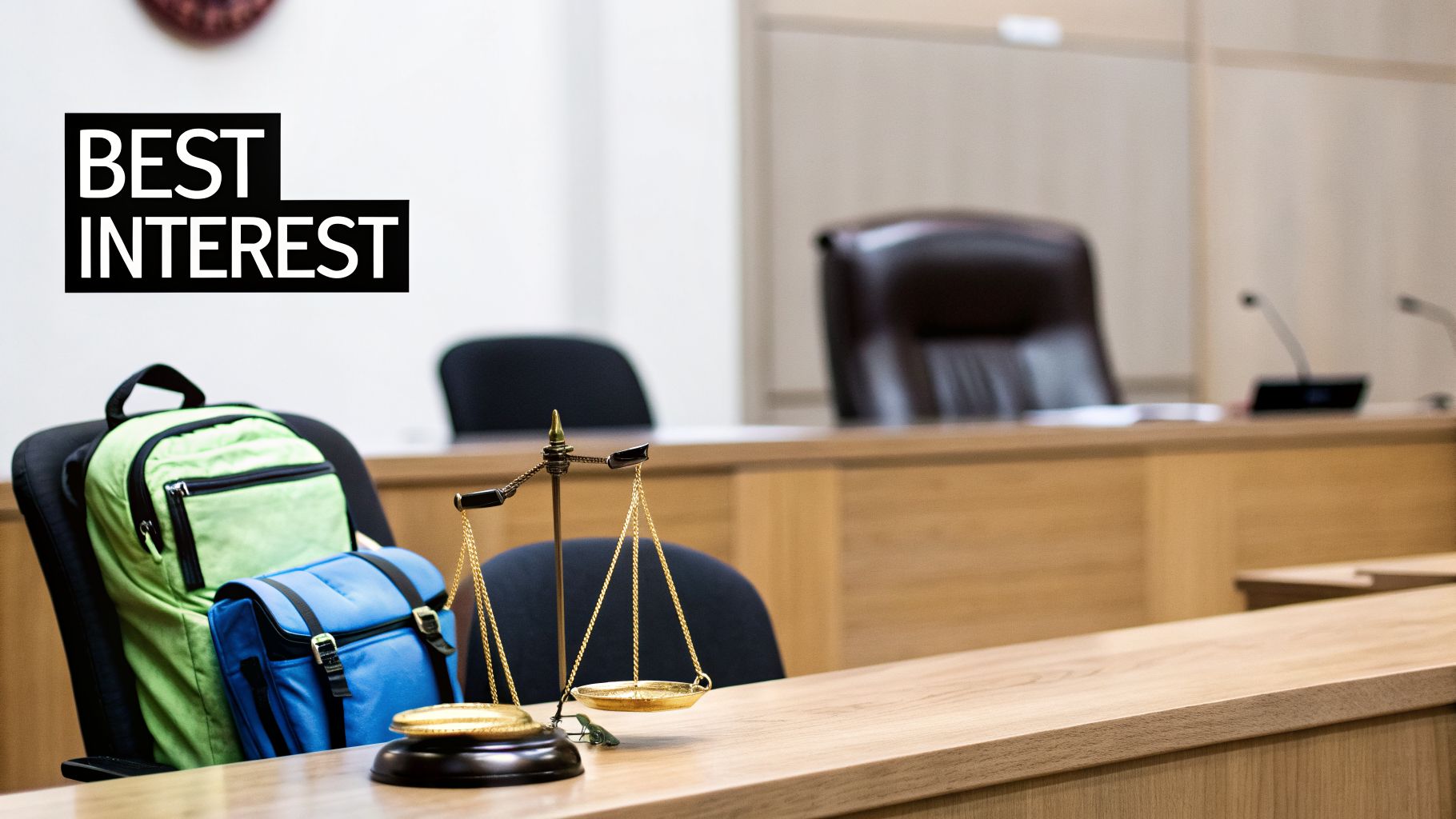 A courtroom scene featuring a scale of justice, two backpacks, and a 'BEST INTEREST' text overlay.